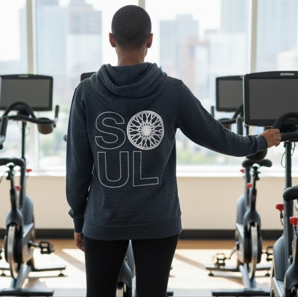 SoulCycle Heather Blue Zip Hoodie SOUL Logo On Back. With Silver Soul Tote. NWOT